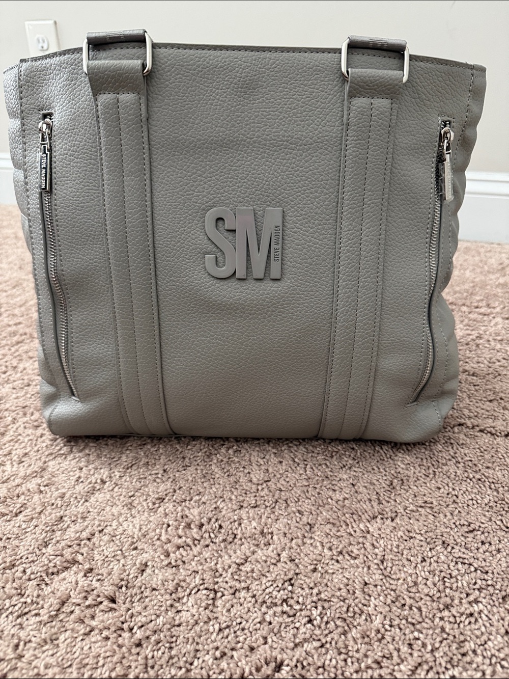 Steve Madden Light Gray Leather Tote with SM Logo